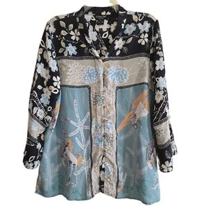 Citron Santa Monica Crane Floral Silk Button Up Blouse XL Blue Black Asian Bird